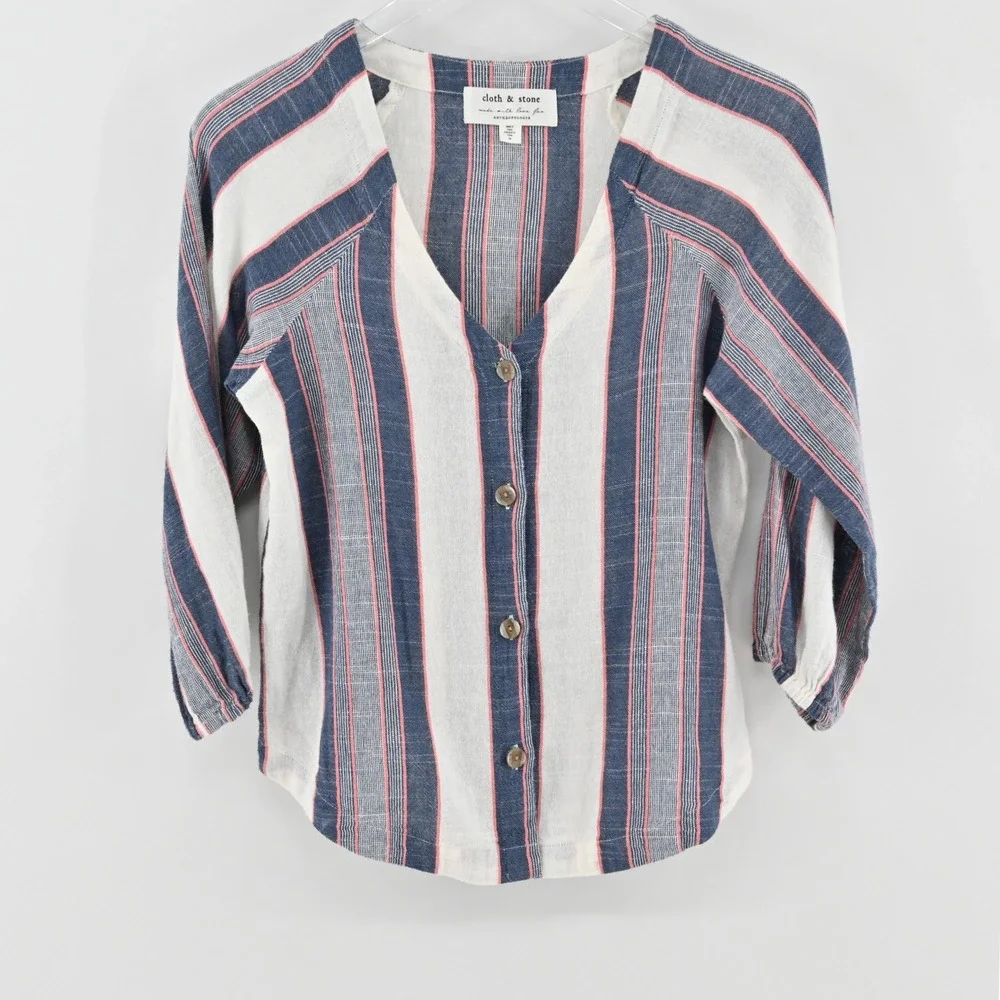 Cloth &‎ Stone Anthropologie Striped Button Front Top Womens Size XS Cotton Blue